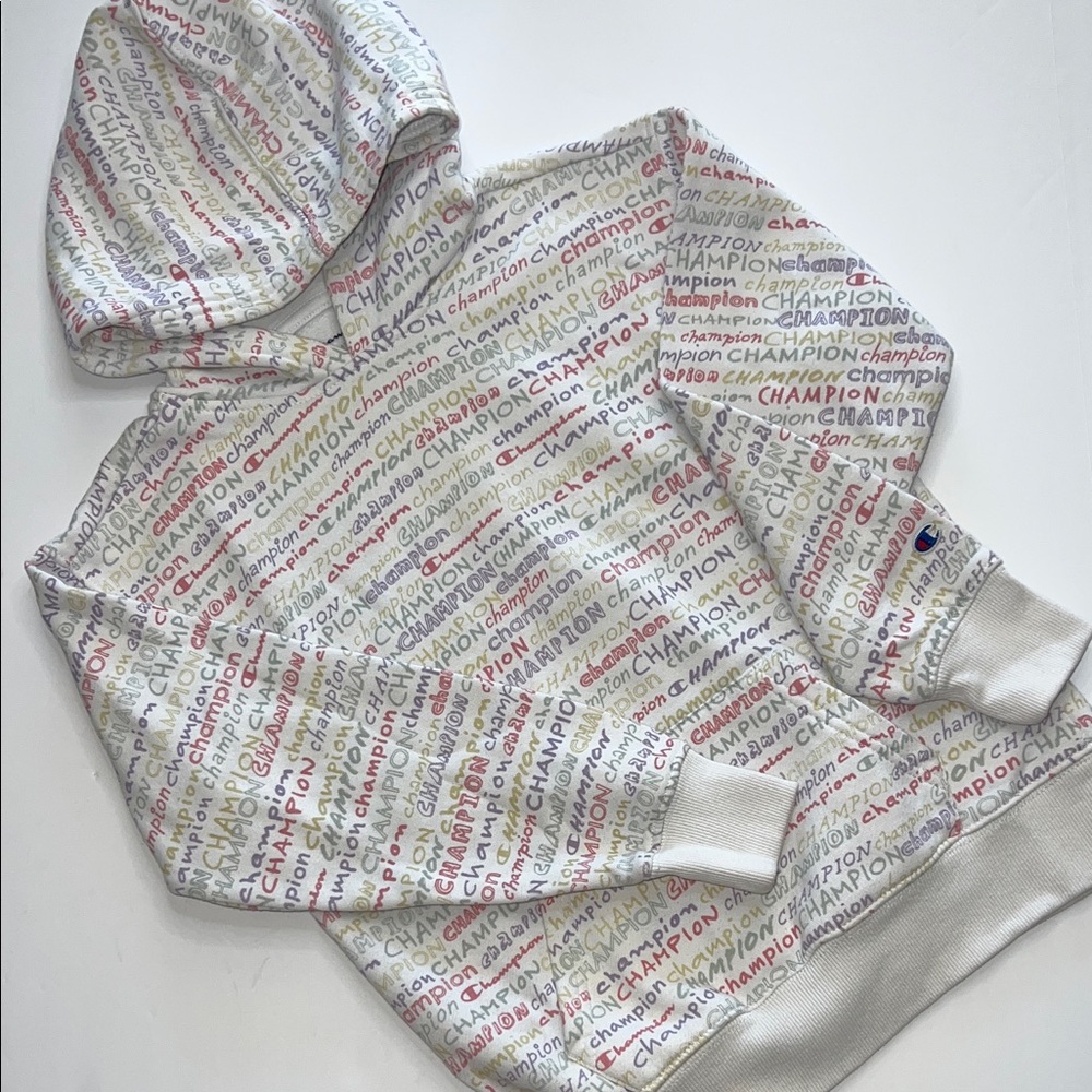 Champion White Hoodie with Multicolor Text Girls Size 10
